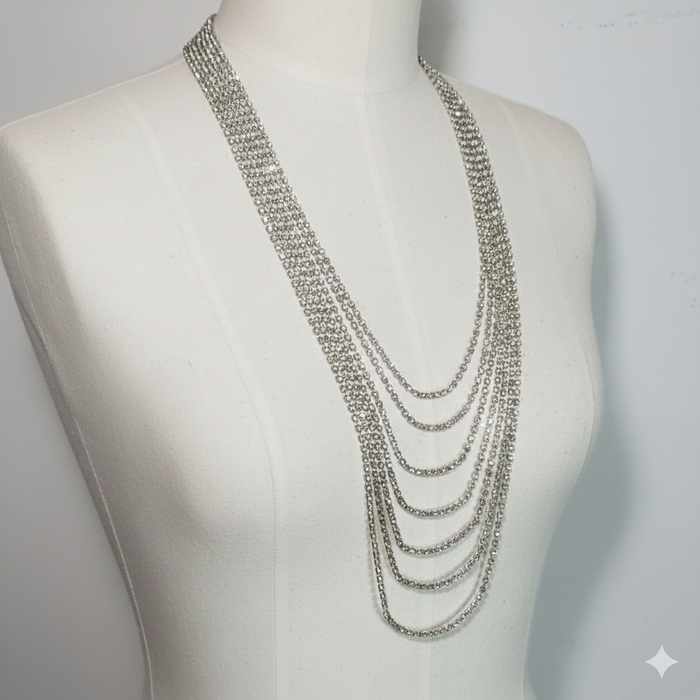 Rhinestone 24-34" Necklace Vintage Glass Statement Opera Length Layered Silver - Picture 4 of 9